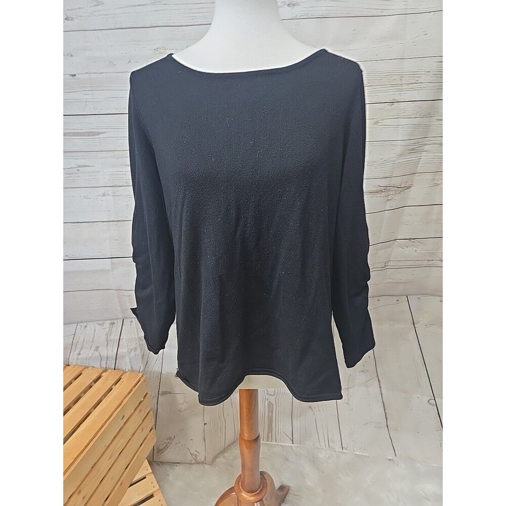 Women’s Neiman Marcus Solid Black Round Neck Sweater - M Ruched Tie 3/4 Sleeves